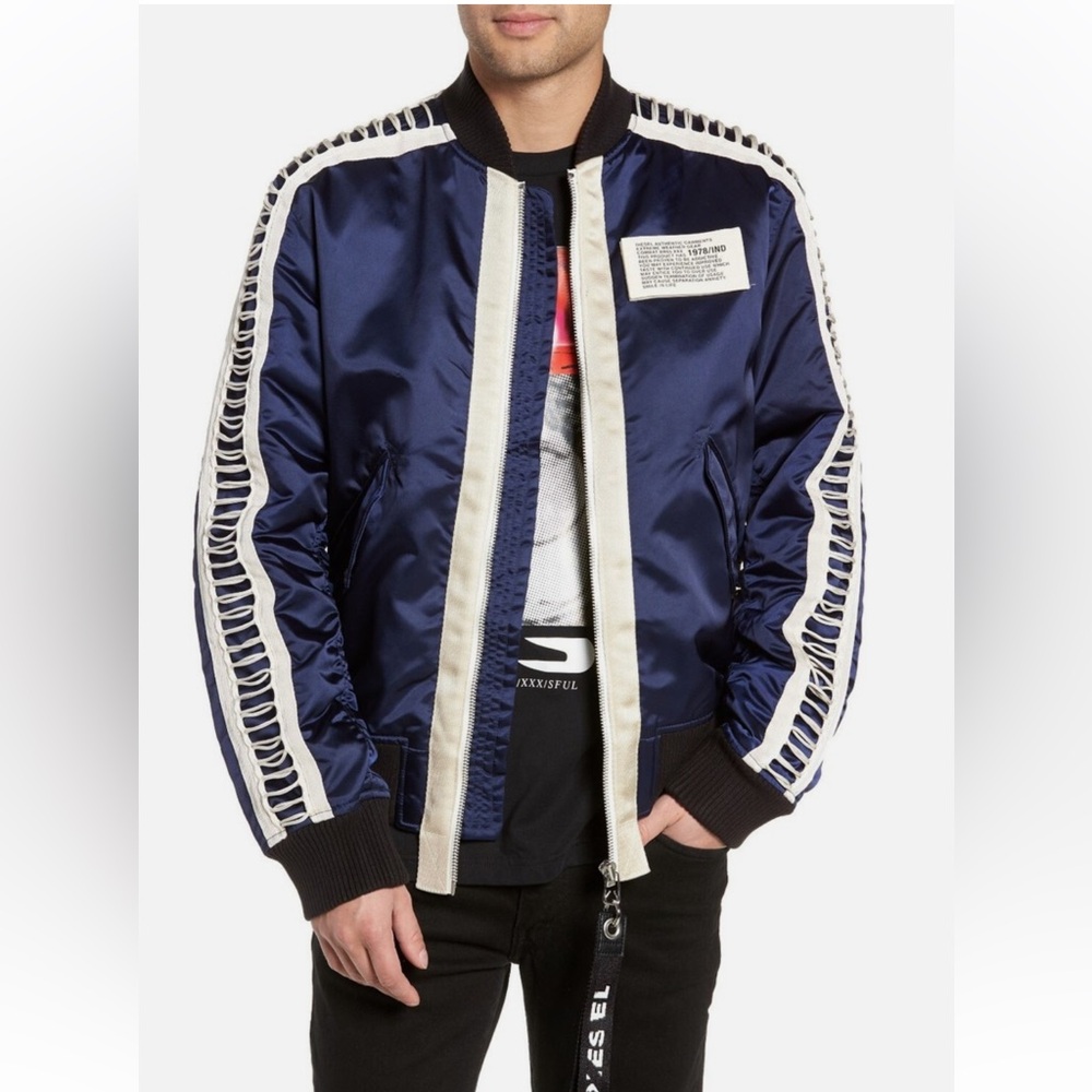 New Diesel Men's Bomber Jacket in Blue and Cream